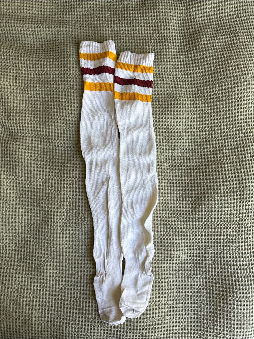 American Apparel White Knee-High Athletic Socks with Gold and Maroon Stripes